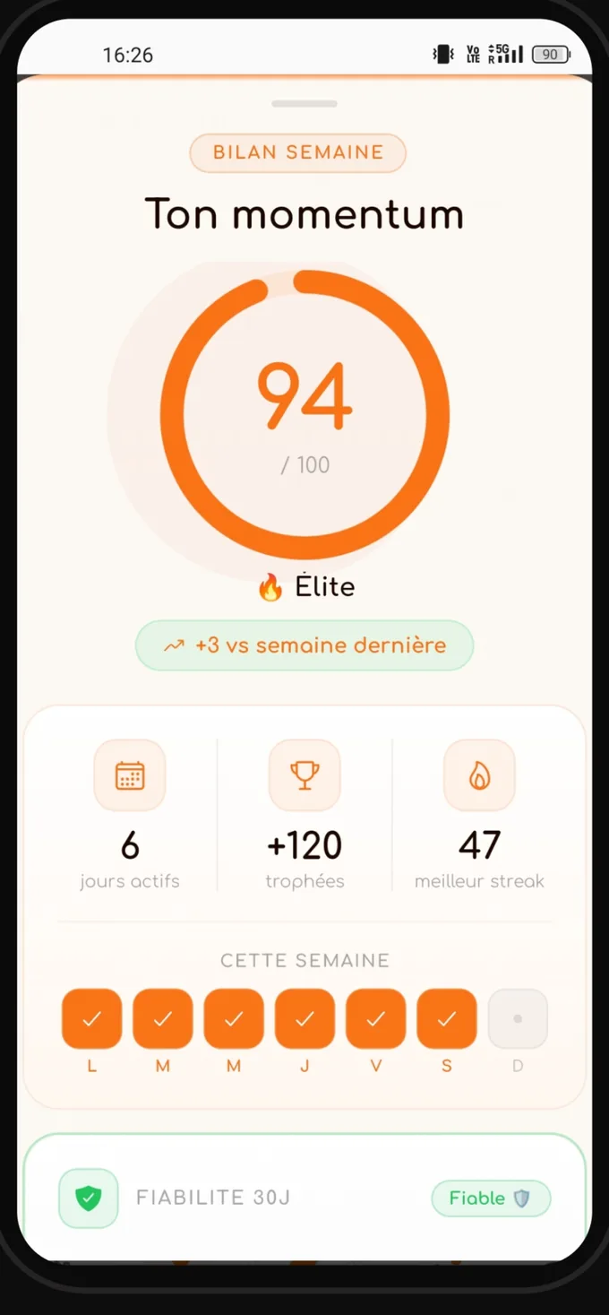 Écran du bilan de fiabilité hebdomadaire